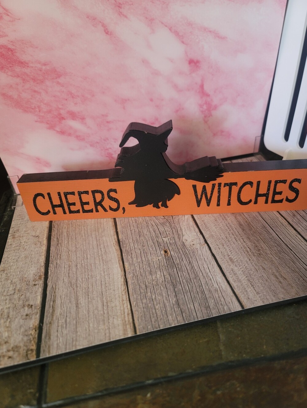 Festive Witch Silhouette Wooden Sign - Black and Orange
